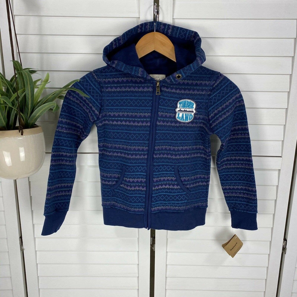 New Timberland Hooded Jacket Blue Fair Isle Heart Print Fleece Lined Girl Size S